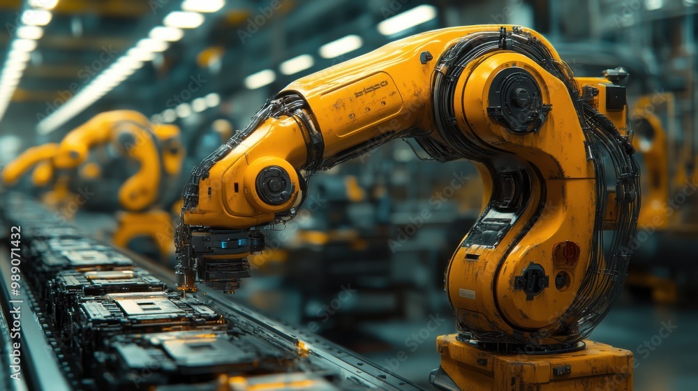 Yellow Robotic Arm in a Factory Setting Yellow Robotic Arm in a Factory Setting