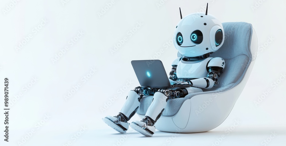 A cute robot sitting on an armchair with a laptop, engaged in an online conversation. A cute robot sitting on an armchair with a laptop, engaged in an online conversation.