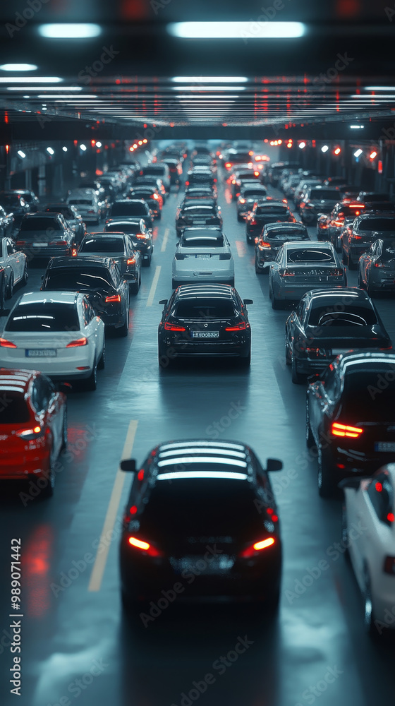 Obraz premium A busy parking garage filled with various vehicles, showcasing mix of colors and styles. scene captures hustle and bustle of urban life, with cars lined up in neat rows under bright lights