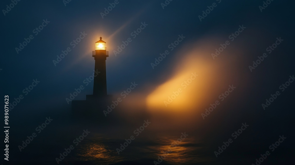 Fototapeta premium A serene nighttime photo of lighthouse, its beam cutting through fog, illuminating dark waters. atmosphere evokes sense of calm and mystery