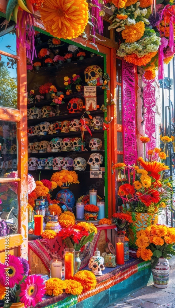 Naklejka premium Day of the Dead Storefront with Colorful Skulls, Candles, and Traditional Mexican Crafts Display