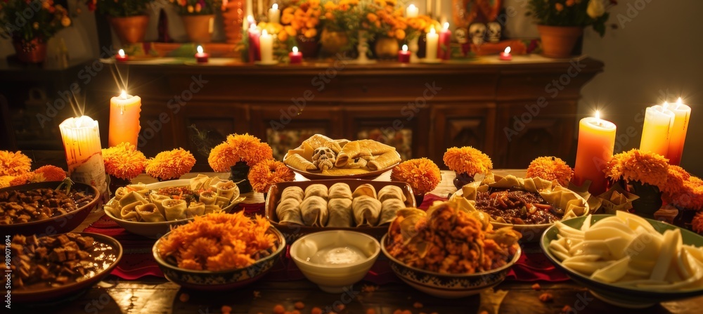 Day of the Dead Feast with Traditional Foods, Candles, and Marigolds - Perfect for Holiday Decor Day of the Dead Feast with Traditional Foods, Candles, and Marigolds - Perfect for Holiday Decor