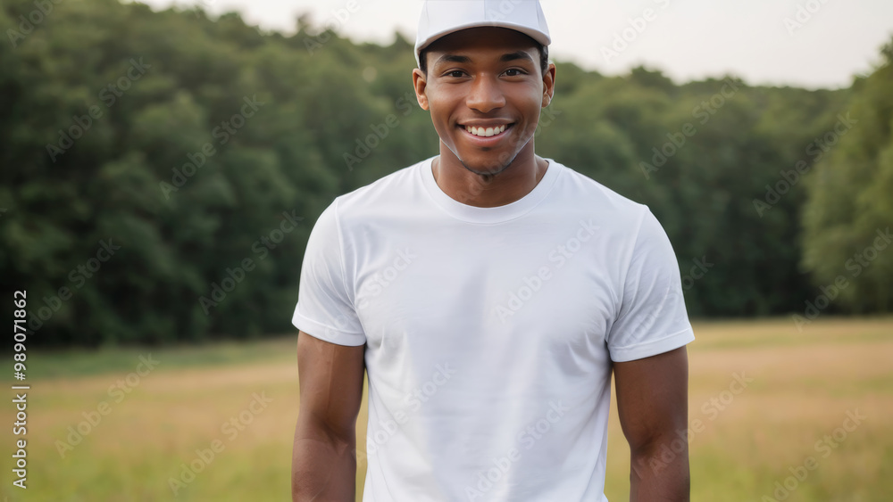 Young black man wearing white t-shirt and white baseball cap standing in nature Young black man wearing white t-shirt and white baseball cap standing in nature