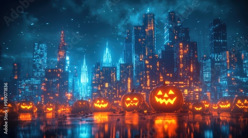 Spooky Halloween Night in a Cityscape with Jack-o'-Lanterns