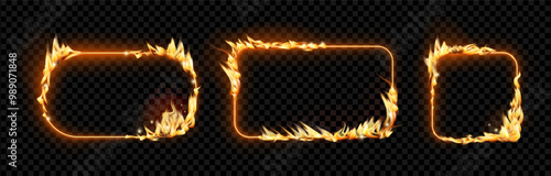 Rectangular border with flames and fire. Vector isolated set of square geometric shapes with blazing tongues and sparks. Fiery edges effect with burning, portal or banner, poster decoration