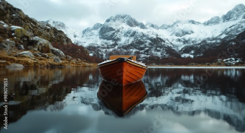 Ruhiges Boot auf einem reflektierenden See mit schneebedeckten Gipfeln für Frühlingskunstdrucke photo