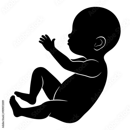 Cute baby newborn from profile black silhouette icon vector. Baby in fetal position graphic design element isolated on a white background. Adorable newborn outline drawing