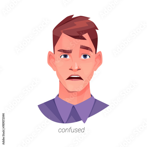 Confused man with raised brow and open mouth. Vector isolated flat cartoon character expressing emotion of confusion and unpleasant surprise. Uncertainty or reaction to unclear situations