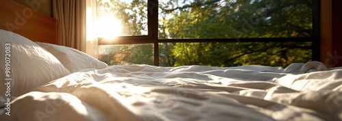 Ruhige Morgenstreckung im Bett mit Sonnenlicht, das durch das Fenster strömt - Entspannung und Gelassenheit photo