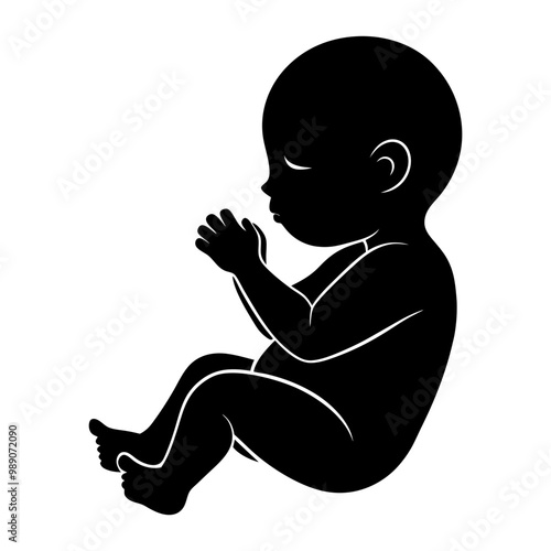 Cute baby newborn from profile black silhouette icon vector. Baby in fetal position graphic design element isolated on a white background. Adorable newborn outline drawing