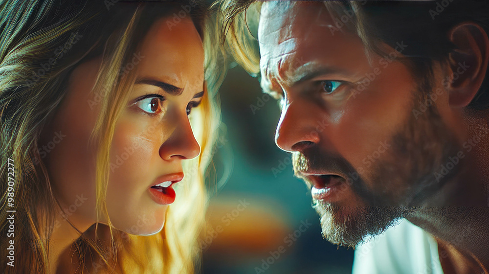 A man and woman engage in a tense argument, expressing anger and emotions as they face each other A man and woman engage in a tense argument, expressing anger and emotions as they face each other
