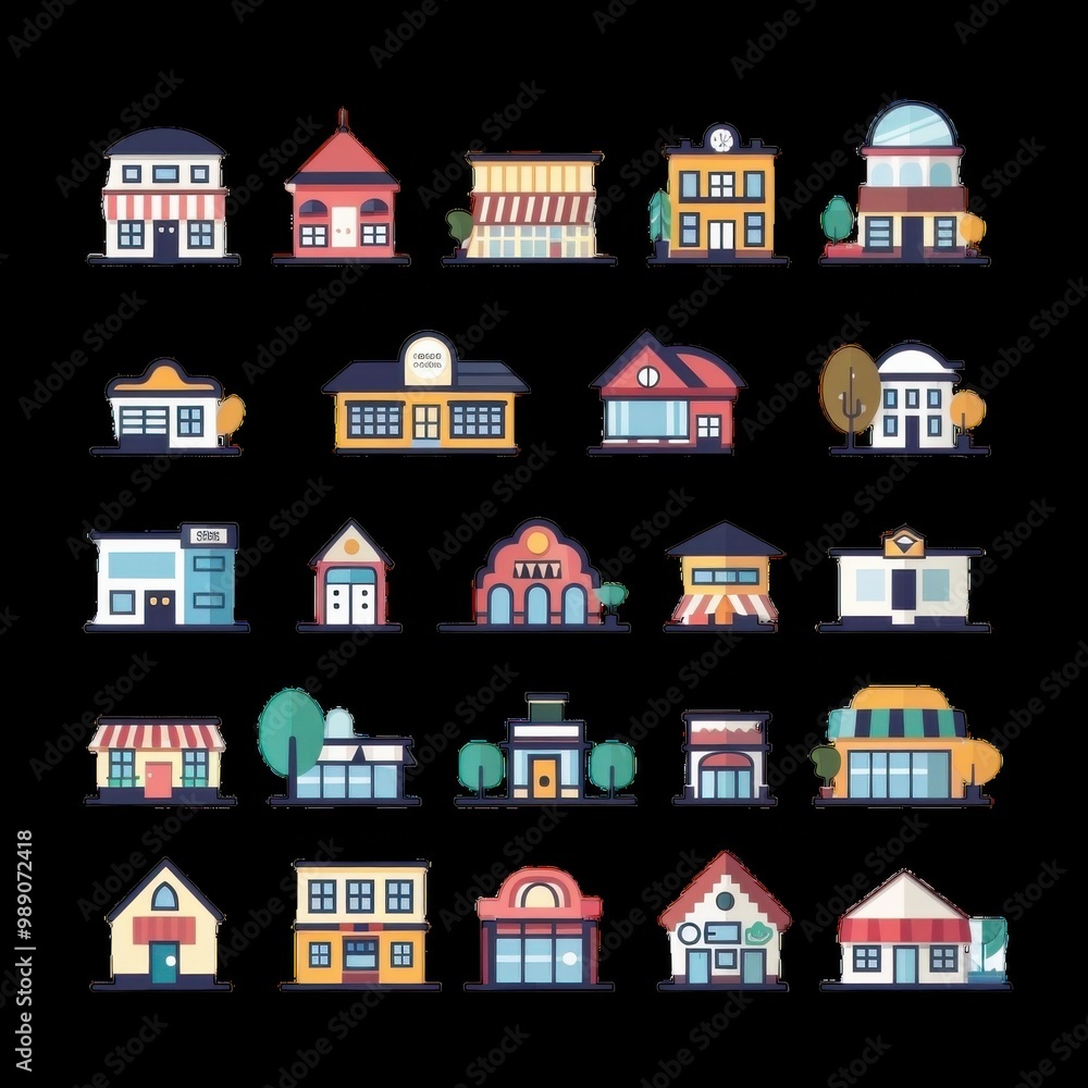 Colorful illustration of various building designs and styles Colorful illustration of various building designs and styles