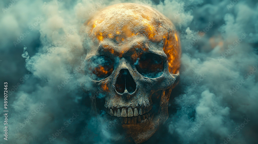 A haunting image of a human skull surrounded by smoke, symbolizing death and environmental pollution A haunting image of a human skull surrounded by smoke, symbolizing death and environmental pollution