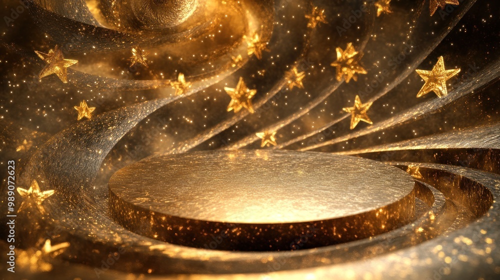A swirling golden background with stars and a circular platform, ideal for presentations. A swirling golden background with stars and a circular platform, ideal for presentations.
