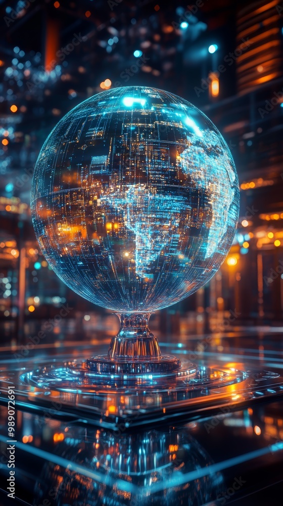A luminous globe illuminated by bright lights in a futuristic setting A luminous globe illuminated by bright lights in a futuristic setting