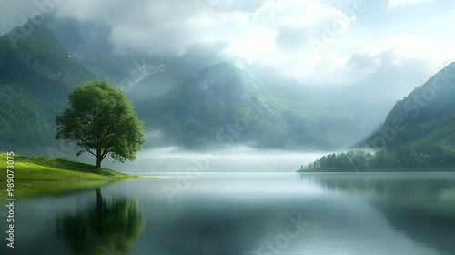 Tranquil Lake with Mist and Mountains