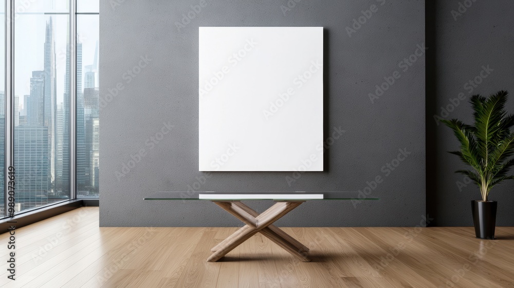 Modern Living Room with Empty Canvas and Glass Table Modern Living Room with Empty Canvas and Glass Table