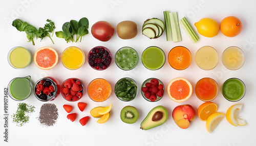 Various fruits, vegetables, and juices arranged neatly, representing a food sensitivity test for digestion problems