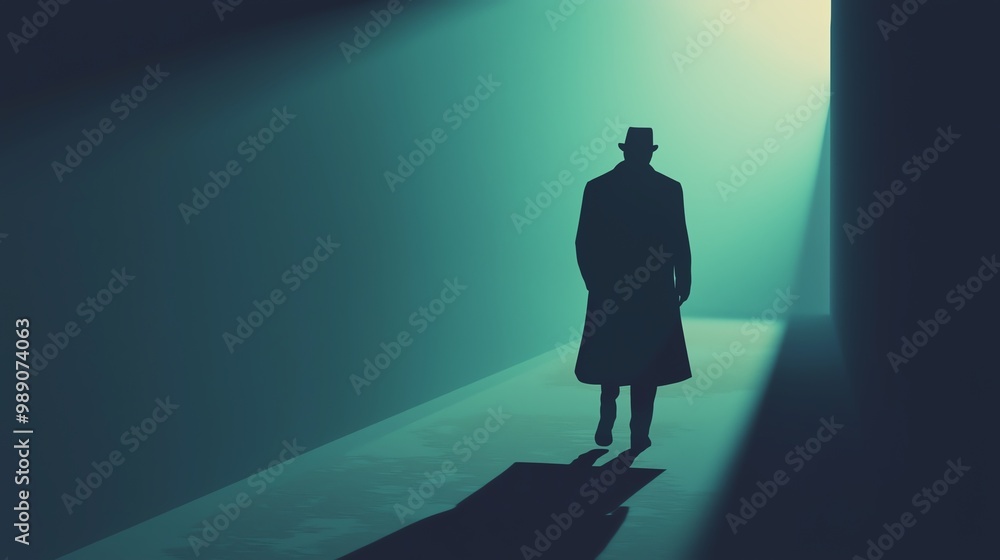 A mysterious figure in a trench coat walks through a dimly lit corridor, evoking a sense of intrigue and suspense. A mysterious figure in a trench coat walks through a dimly lit corridor, evoking a sense of intrigue and suspense.