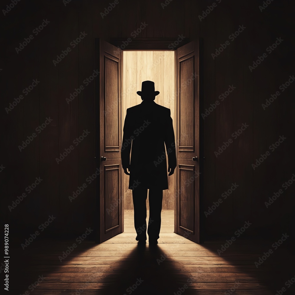 A mysterious figure stands in a doorway, casting a long shadow, symbolizing suspense and intrigue in a dramatic setting. A mysterious figure stands in a doorway, casting a long shadow, symbolizing suspense and intrigue in a dramatic setting.