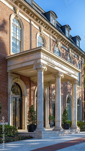 Classic Brick Mansion with White Pillars and Arched Entrance photo