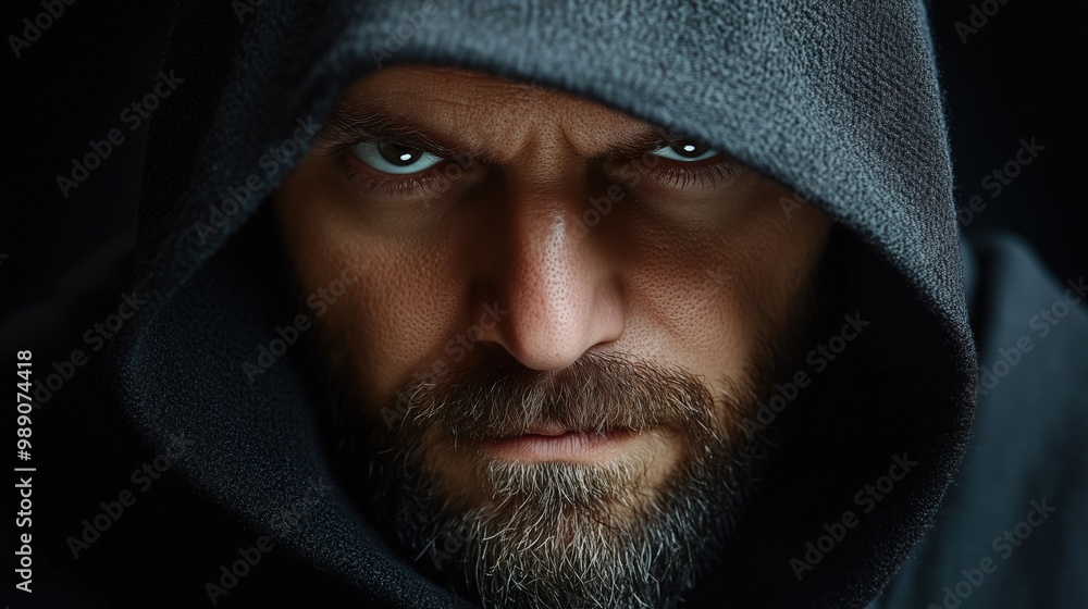 Mysteriöse Kapuzenfigur mit intensivem Blick für dramatisches Design Mysteriöse Kapuzenfigur mit intensivem Blick für dramatisches Design