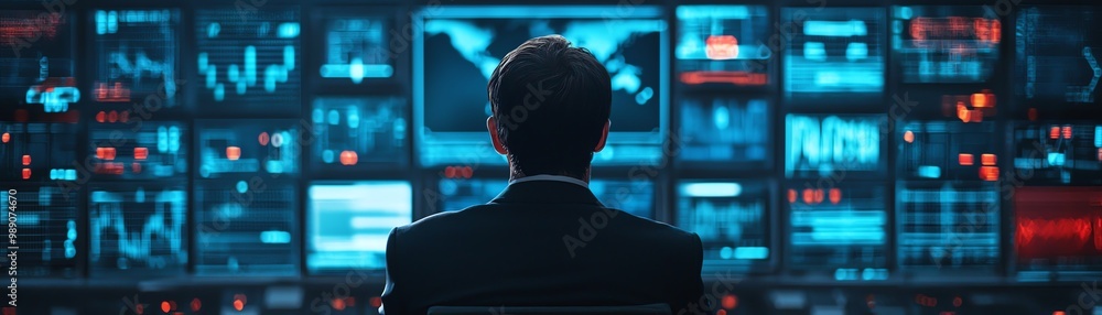 A professional looking at data visualizations on multiple screens, immersed in digital analytics and decision-making. A professional looking at data visualizations on multiple screens, immersed in digital analytics and decision-making.