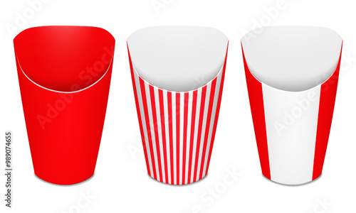 Red and white striped paper french fries holder cup. Realistic 3d vector mock-up set. Color takeaway street food cone packaging. Mockup. Cardboard snack box bucket. Easy editable template