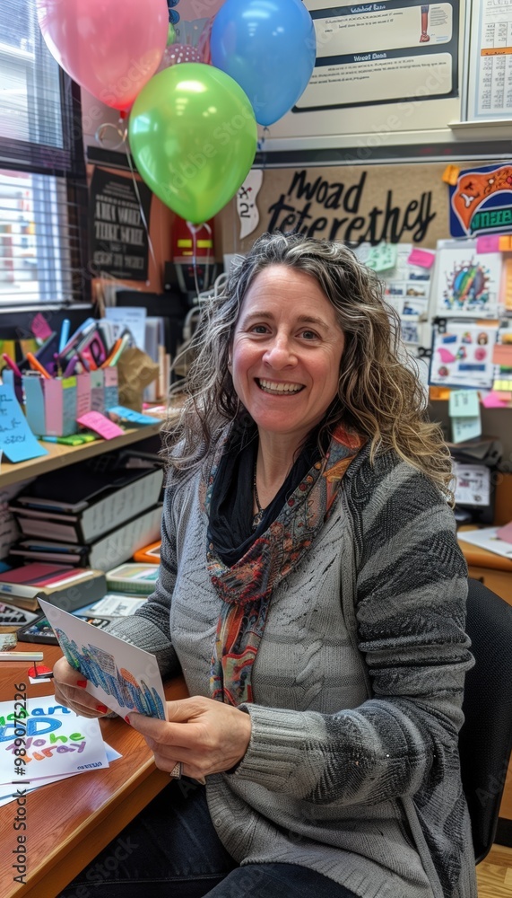 Fototapeta premium Teacher Appreciated on World Teachers Day in Classroom Filled With Cards and Balloons