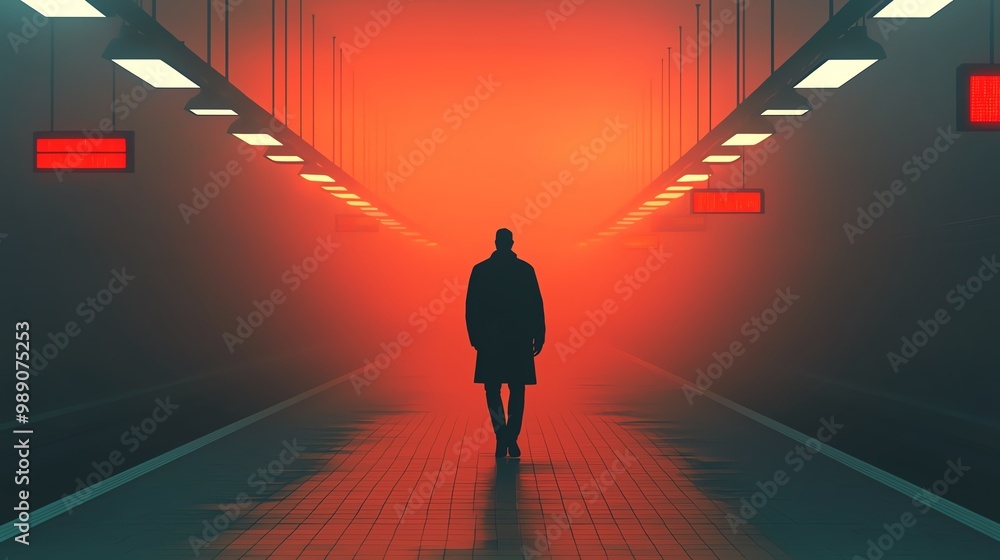 A solitary figure walks through a dimly lit subway platform, enveloped in an eerie orange glow, creating a mysterious atmosphere. A solitary figure walks through a dimly lit subway platform, enveloped in an eerie orange glow, creating a mysterious atmosphere.