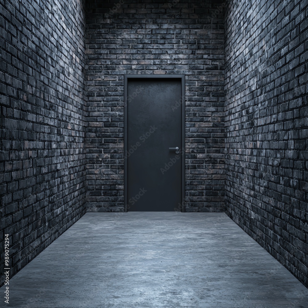 Naklejka premium A stark, dark corridor with textured brick walls and a closed door, evoking mystery and intrigue in a minimalist setting.