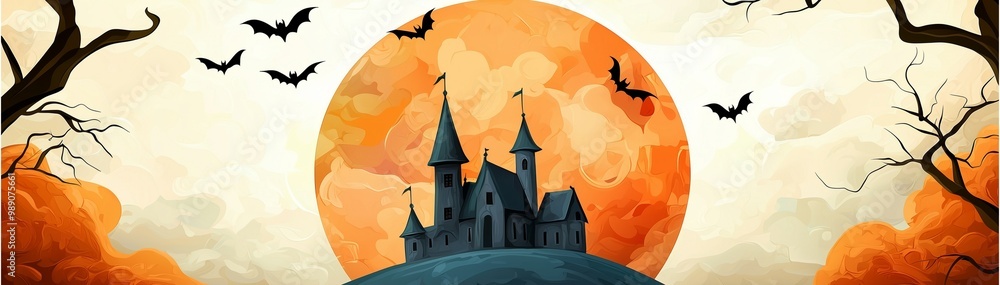 Halloween castle under orange full moon with bats in autumn sky. Halloween castle under orange full moon with bats in autumn sky.