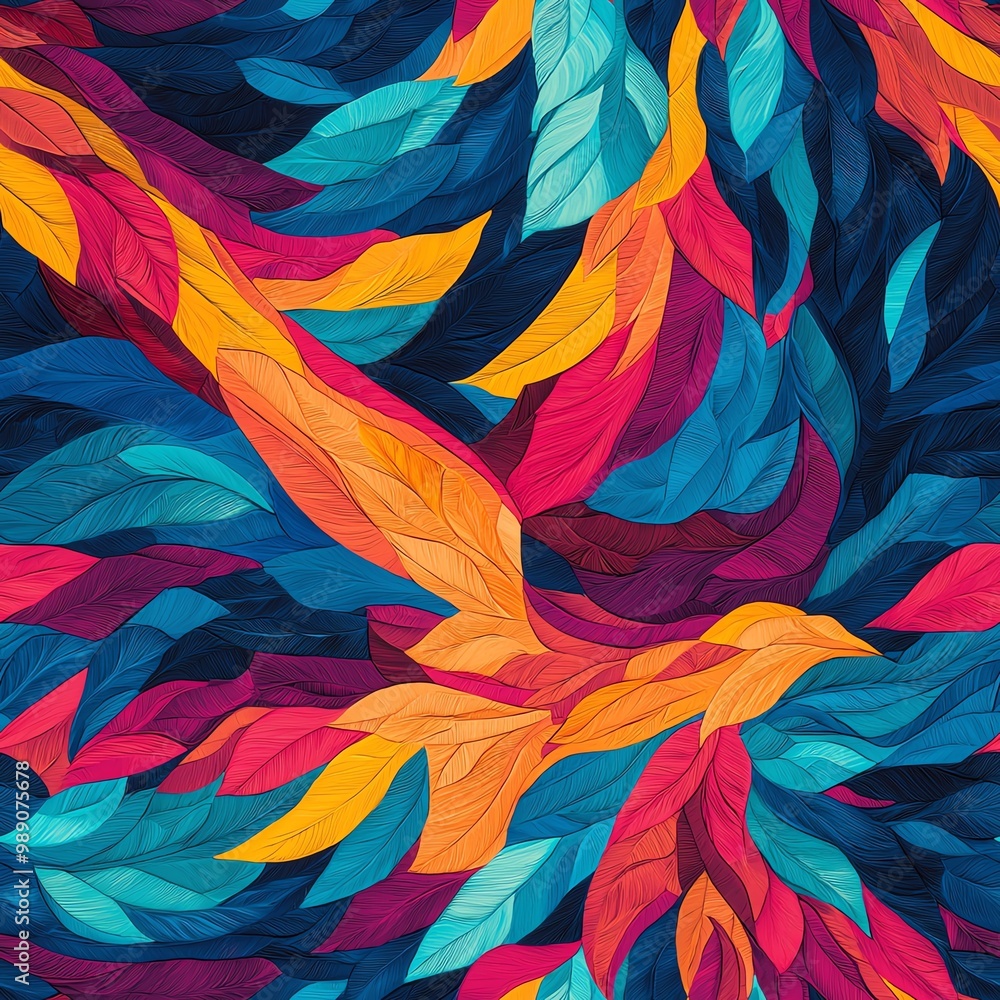 A vibrant abstract design showcasing colorful leaves swirling in a dynamic pattern, perfect for artistic backgrounds. A vibrant abstract design showcasing colorful leaves swirling in a dynamic pattern, perfect for artistic backgrounds.