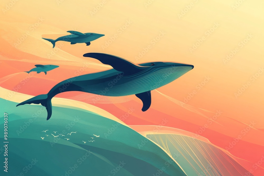 Naklejka premium Whale Jumping Over Ocean Waves