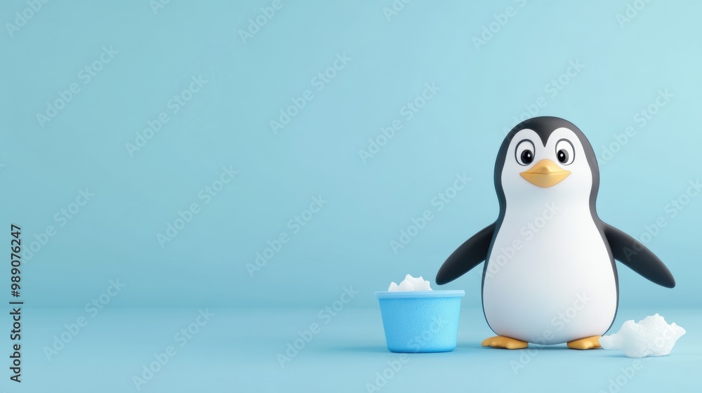 Obraz premium Cute Cartoon Penguin with Snow on Blue Background