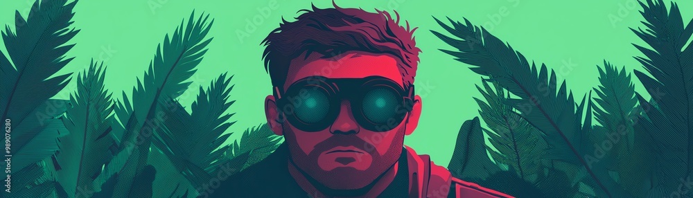 A vibrant illustration of a man in sunglasses surrounded by lush greenery, evoking a sense of adventure and exploration. A vibrant illustration of a man in sunglasses surrounded by lush greenery, evoking a sense of adventure and exploration.