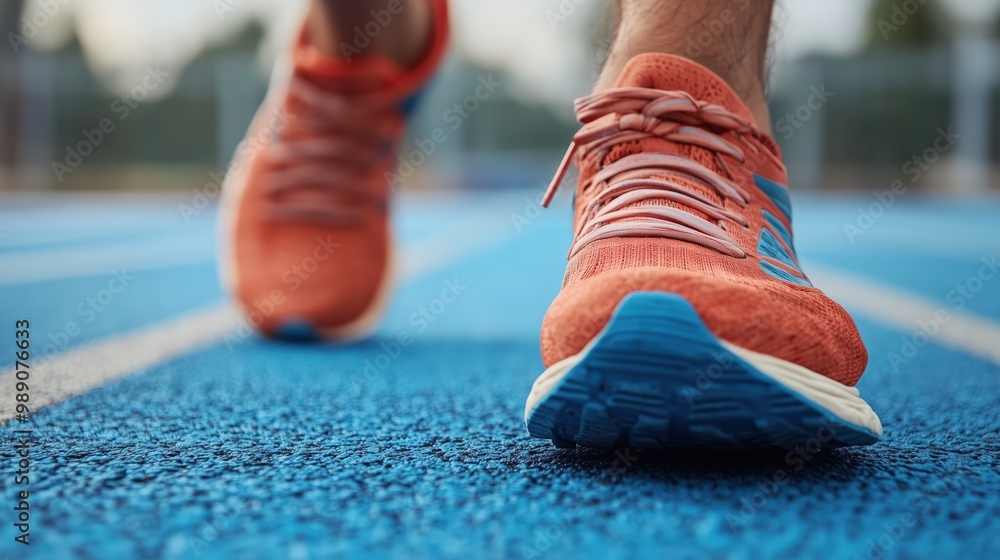 Läuferschuhe bereit für Action auf blauer Strecke - Fitness- und Ausdauerkonzept Läuferschuhe bereit für Action auf blauer Strecke - Fitness- und Ausdauerkonzept