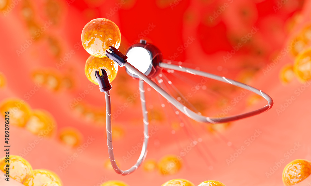 A tiny robot is navigating through a microscopic environment, possibly a human body, surrounded by spherical cells. 3d render. A tiny robot is navigating through a microscopic environment, possibly a human body, surrounded by spherical cells. 3d render.