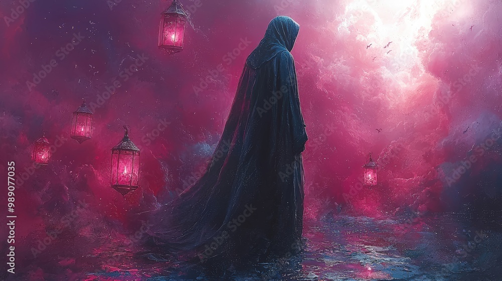 Mysterious Figure in Ethereal Pink Fog with Lanterns Mysterious Figure in Ethereal Pink Fog with Lanterns