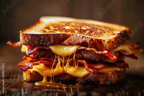 Close up of a bacon and cheese sandwich with melting cheese. Toasted bread with melting cheese and grilled bacon. Food photography for design and print. Delicious and appetizing concept. AIG51.