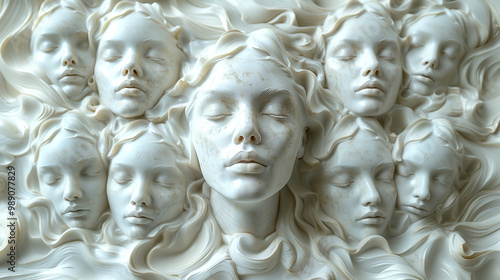 A white wall with small porcelain heads of women with closed eyes