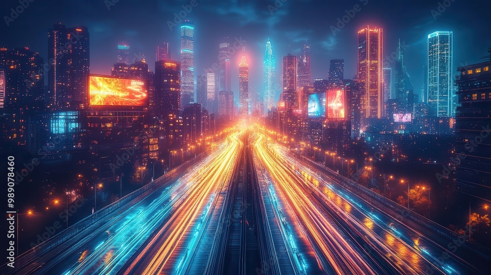 futuristic cityscape at night streaking light trails of hovercars neonlit skyscrapers holographic billboards electric blue energy pulses along elevated roadways futuristic cityscape at night streaking light trails of hovercars neonlit skyscrapers holographic billboards electric blue energy pulses along elevated roadways