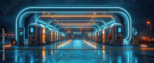 hydrogen fuel station of the future with sleek podlike charging units electric blue accents and holographic displays soft ambient lighting creates a scifi atmosphere photo