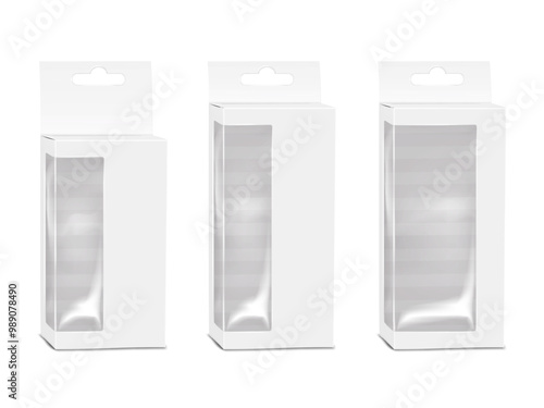 Thin tall white paperboard box with side clear plastic window, tuck-in flap and euro slot hanger. Realistic 3d vector mock-up. Empty transparent front container with hanging hole. Mockup