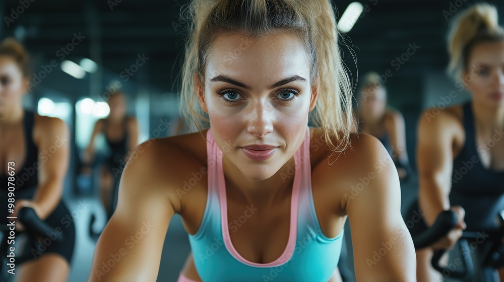 Intensiver Indoor-Cycling-Kurs mit fokussierten Teilnehmern zur Fitness-Motivation Intensiver Indoor-Cycling-Kurs mit fokussierten Teilnehmern zur Fitness-Motivation