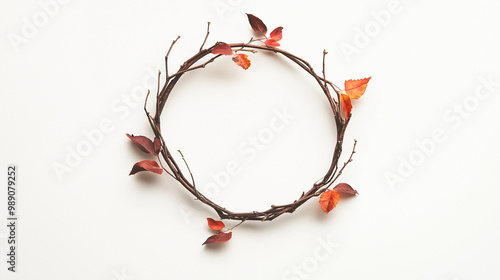 Elegant autumn wreath with red and orange leaves, and small berries, arranged in a circle. A stylish fall decor piece that adds warmth and seasonal charm to any indoor or outdoor space. 