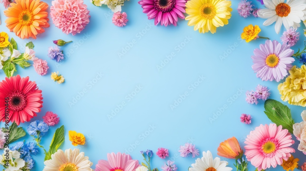 A vibrant arrangement of colorful flowers on a blue background, perfect for decoration. A vibrant arrangement of colorful flowers on a blue background, perfect for decoration.