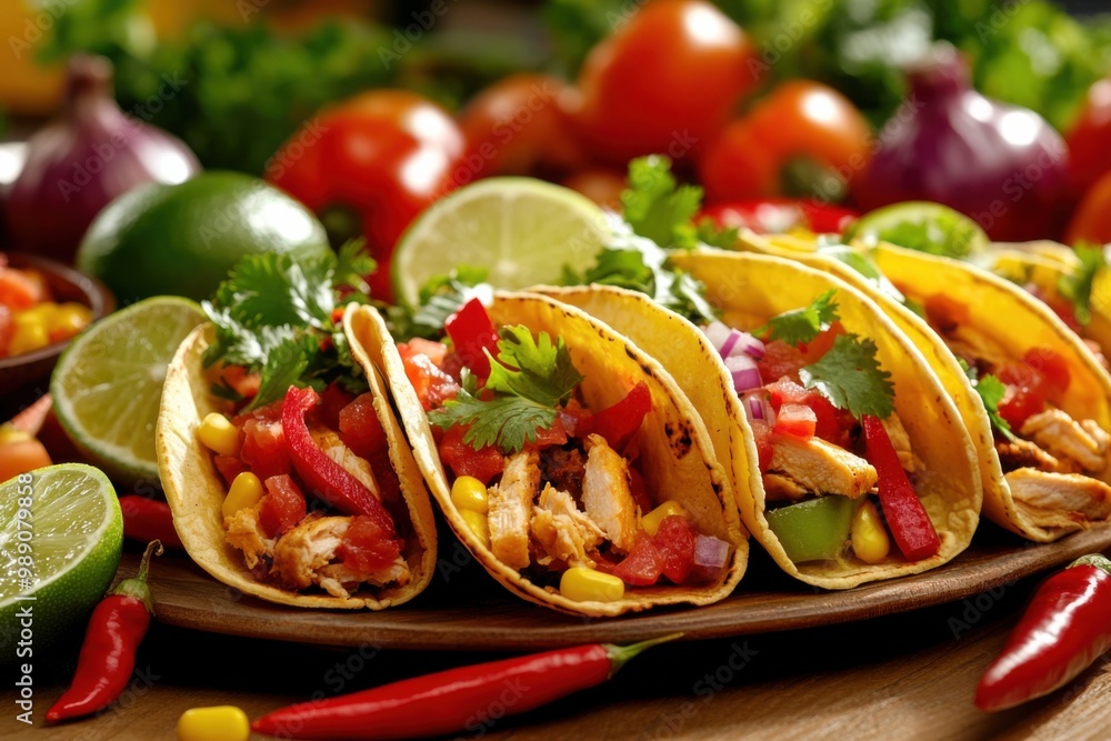 A platter of chicken tacos arranged with fresh lime A platter of chicken tacos arranged with fresh lime