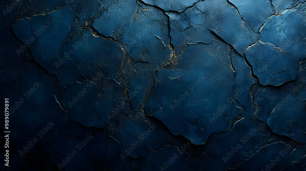 Dark Blue Cracked Wall with Gold Veins - Textured Background Dark Blue Cracked Wall with Gold Veins - Textured Background