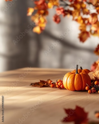Minimalist fall composition of pumpkins and leaves on a simple wooden table, warm, moody lighting, closeup shot, soft shadows, clean lines, elegant seasonal theme